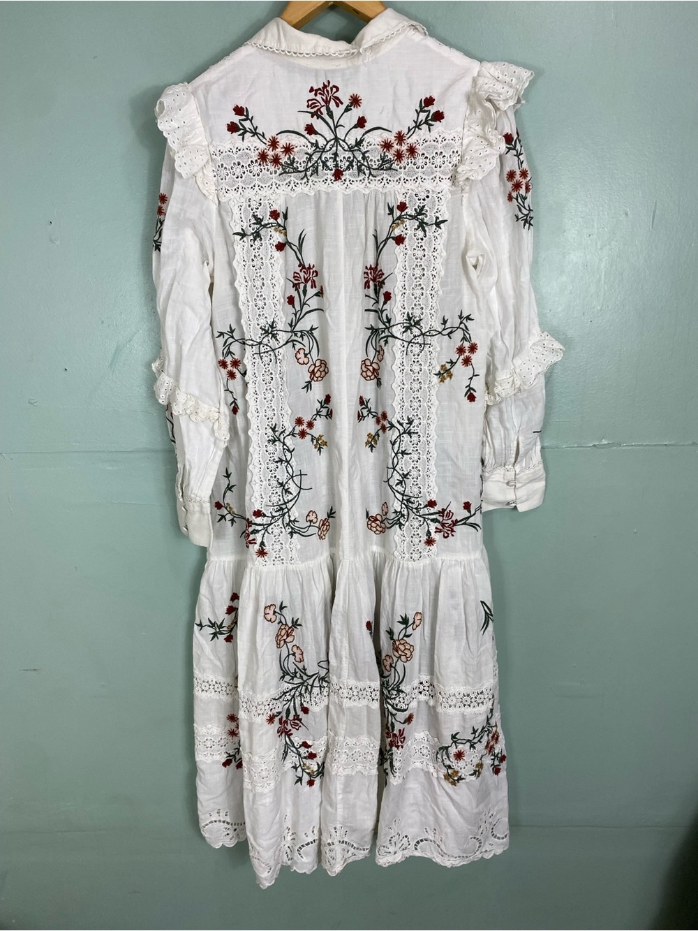 Anthropologie Long-Sleeve V-Neck Eyelet Midi Dress XL White Floral - Picture 10 of 10
